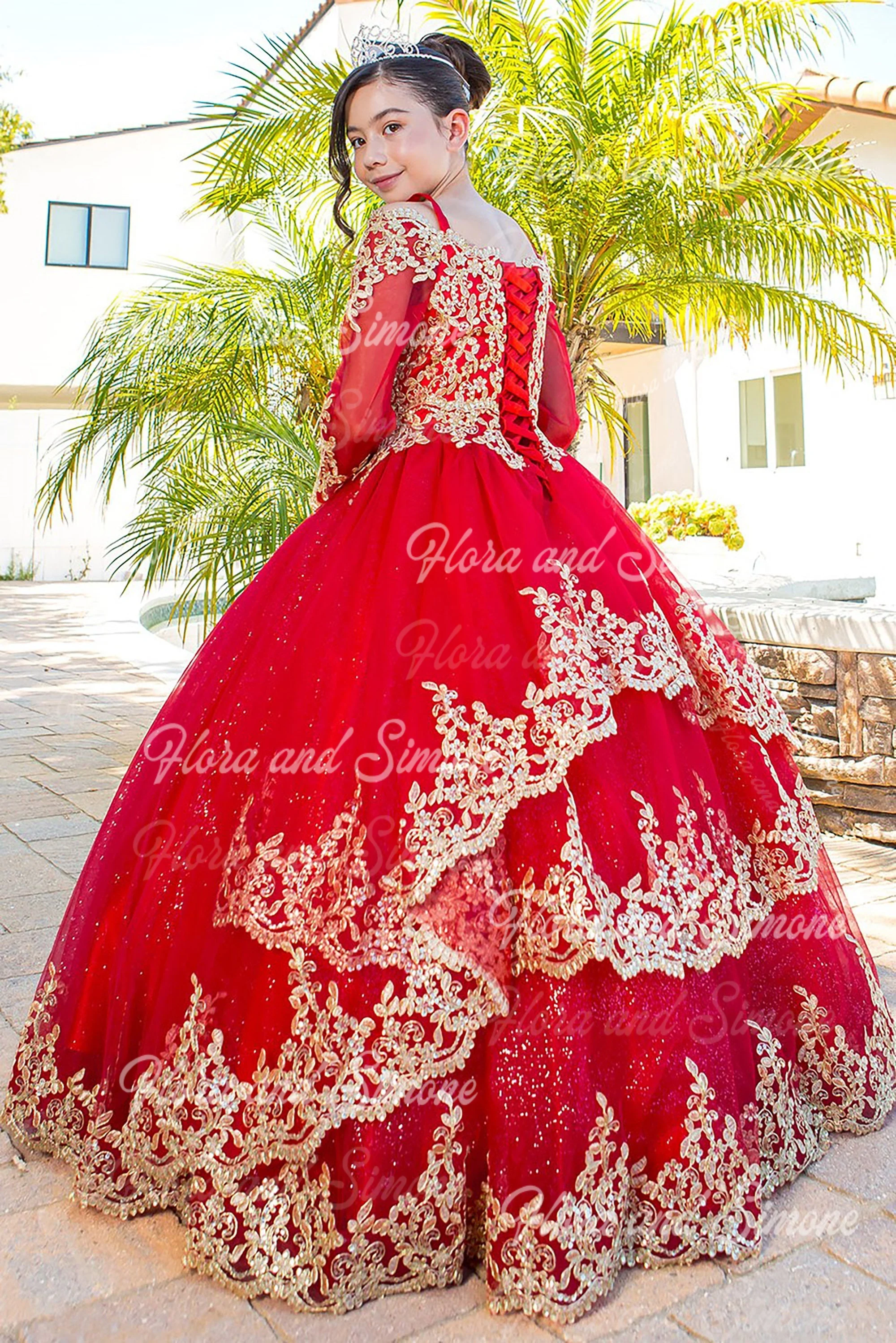Vestido de niña de flores rojas con apliques dorados brillantes, vestido de baile para niños con hombros descubiertos, vestido de primera comunión para desfile, fiesta de cumpleaños personalizada