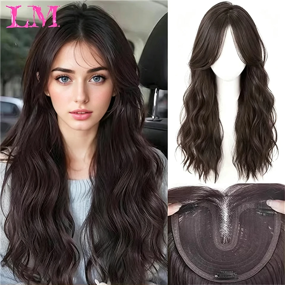 LM Natural Brown Synthetic Hair Toppers Long Wavy Hairpieces for Women Hair Topper Clips in