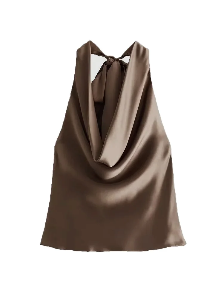 TRZA-Women's Flowing Draped Halter Neck Tank Tops With Bow Tied, Backless, Sleeveless, Female Camis, Sexy, Fashion image 4