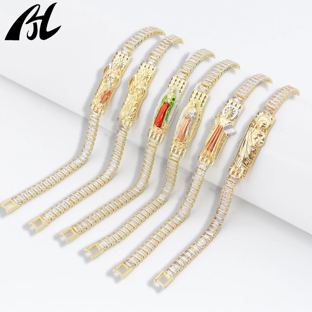 Virgin Mary & Saints Gold Bracelet, Pavé Crystal Chain with Colorful Enameled Medals, Catholic Faith Jewelry Gift