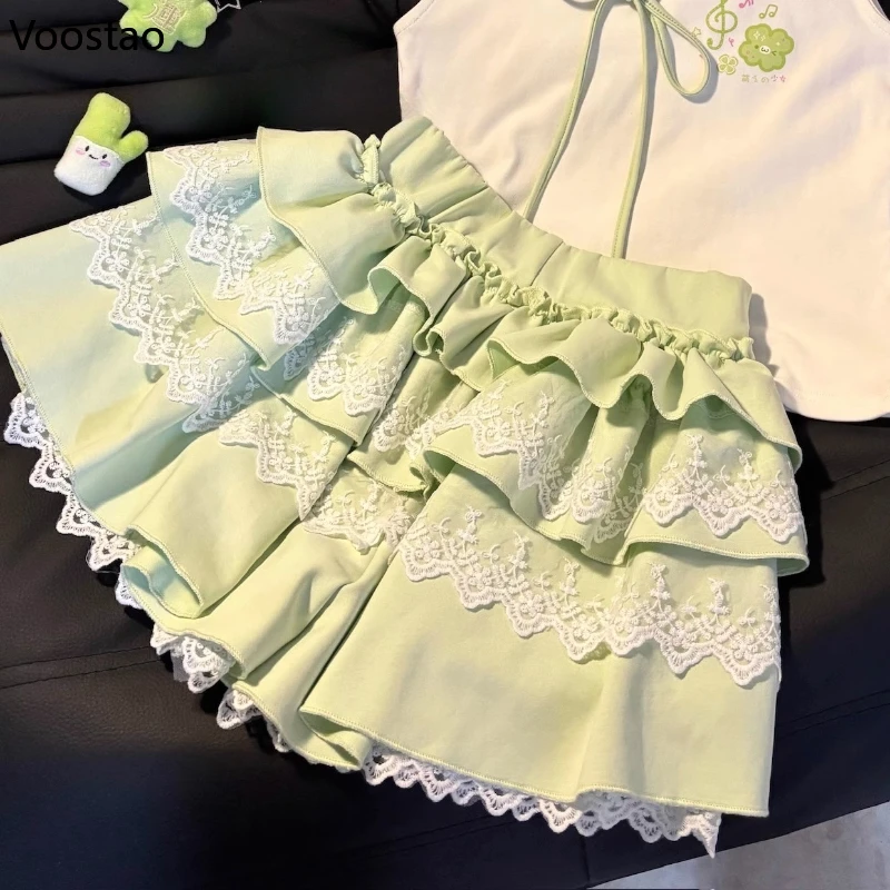 Japanese Sweet Lolita 2 Piece Sets Women Cute Sailor Collar Cartoon Print Lace T-shirts Tops Cake Mini Skirts Kawaii Y2k Outfits