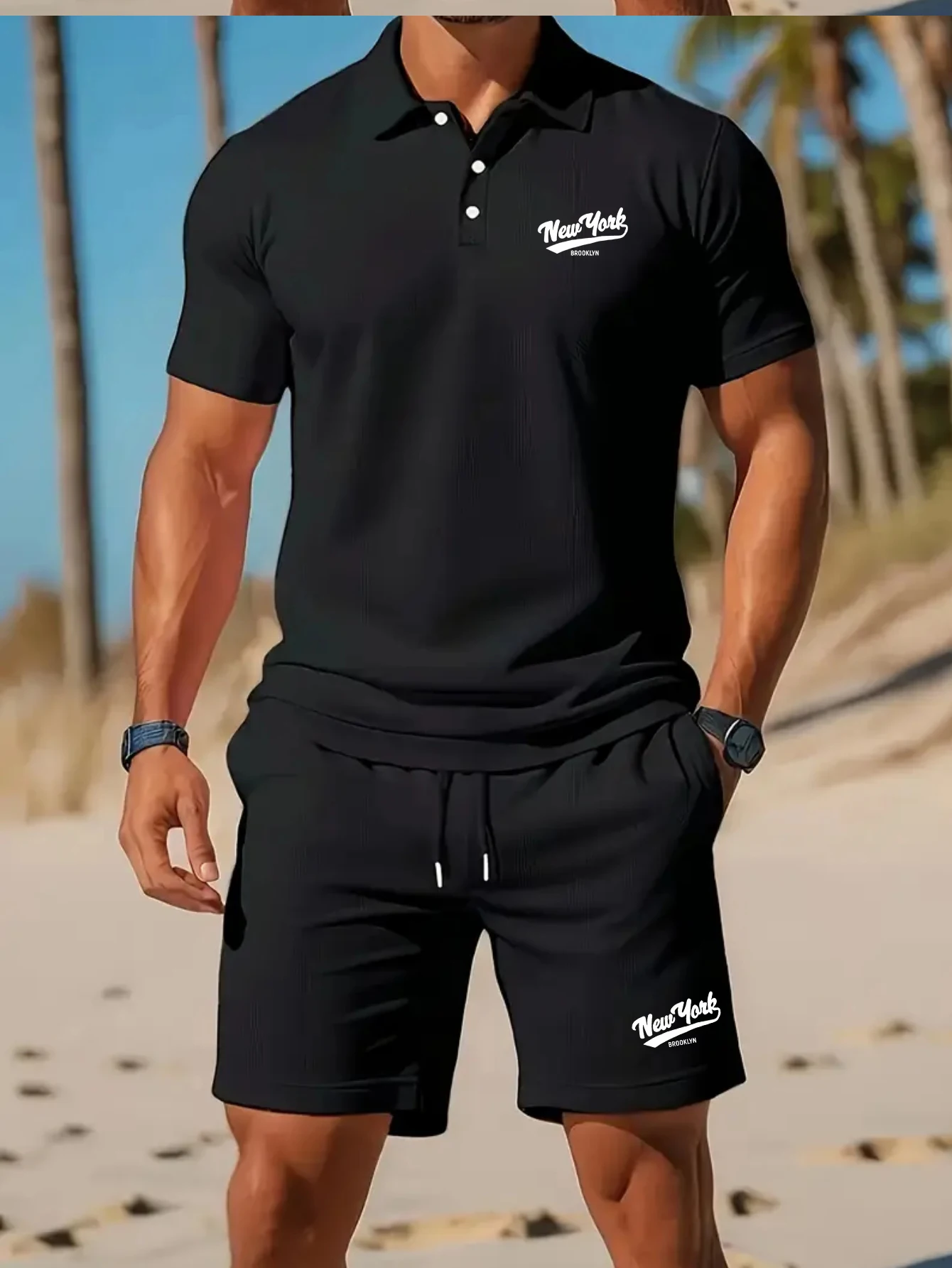 

Летняя мужская модная пляжная рубашка-поло с короткими рукавами, комплект из двух предметов, повседневный уличный комплект спортивных шорт с надписью и слоганом