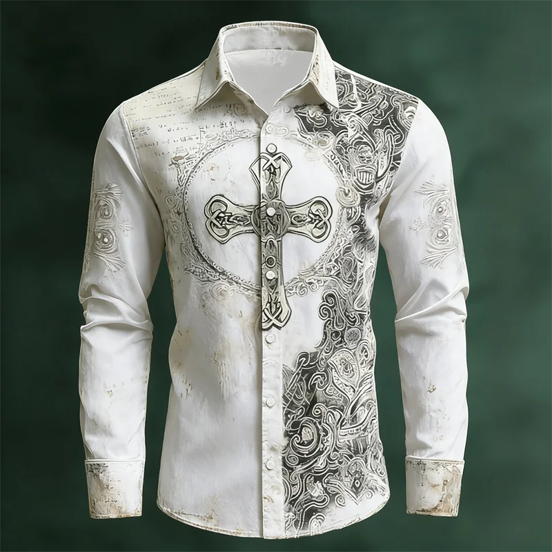 

New retro vintage vintage Celtic cross 3D printed men's long sleeved shirt slim fit casual denim shirt clothing
