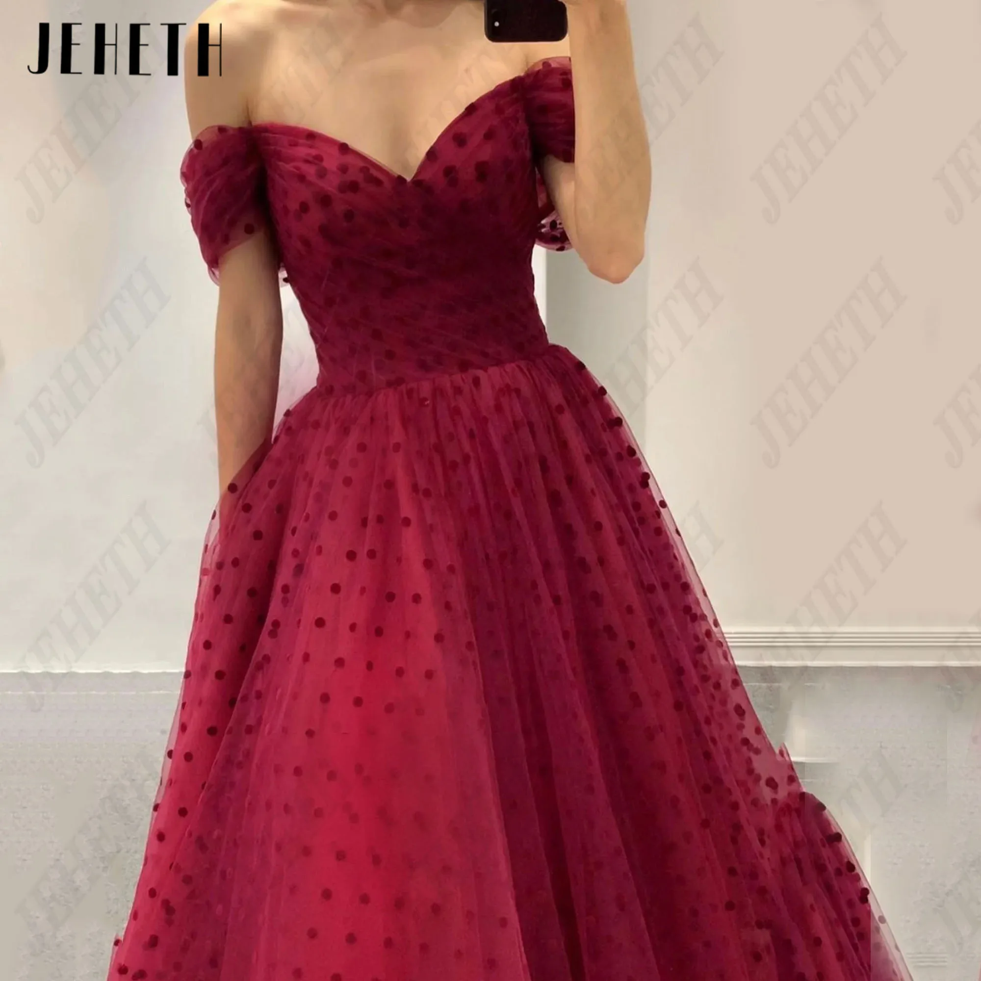 JEHETH Polka Dot Tulle Prom Dresses 2024 Off Shoulder A Line Ankle Length Formal Speical Occasion Gowns Party Homecoming Gowns