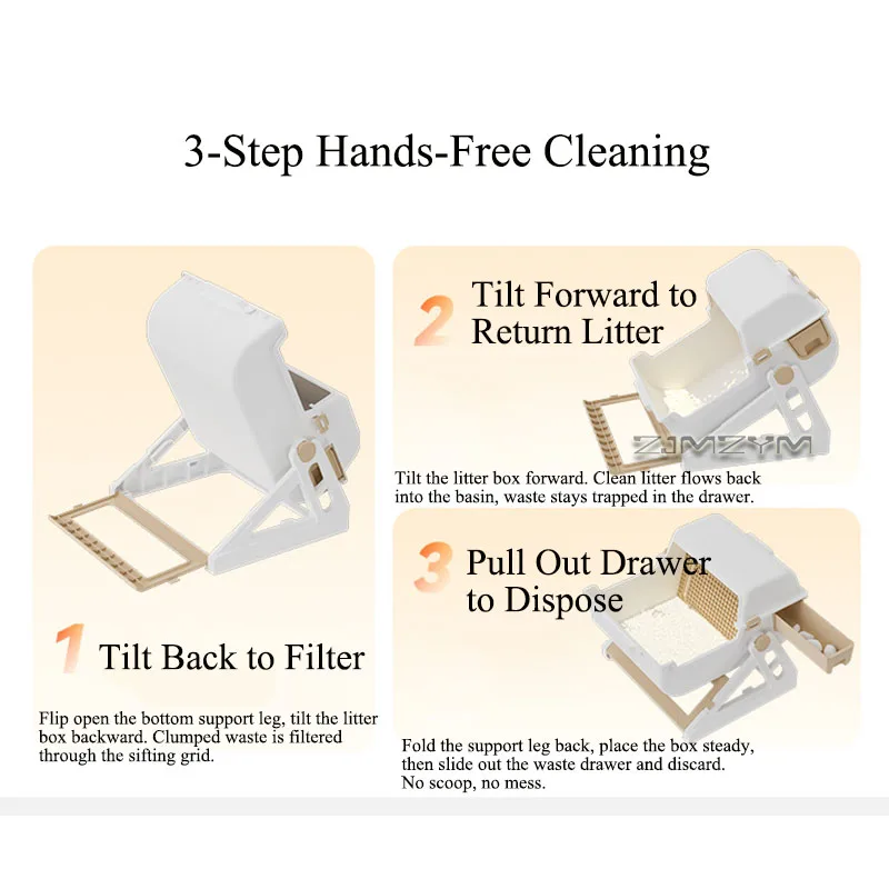 Semi‑Automatic Tilt Sifting Cat Litter Box No Scoop Needed Open‑Top Cat Toilet with Waste Drawer PP Resin for Cats up to 16.5lbs