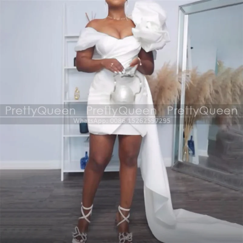 

Off Shoulder Short Evening Dress Sheath Waistline Cap Customized Plus Size Women White Mini Prom Dresses Party