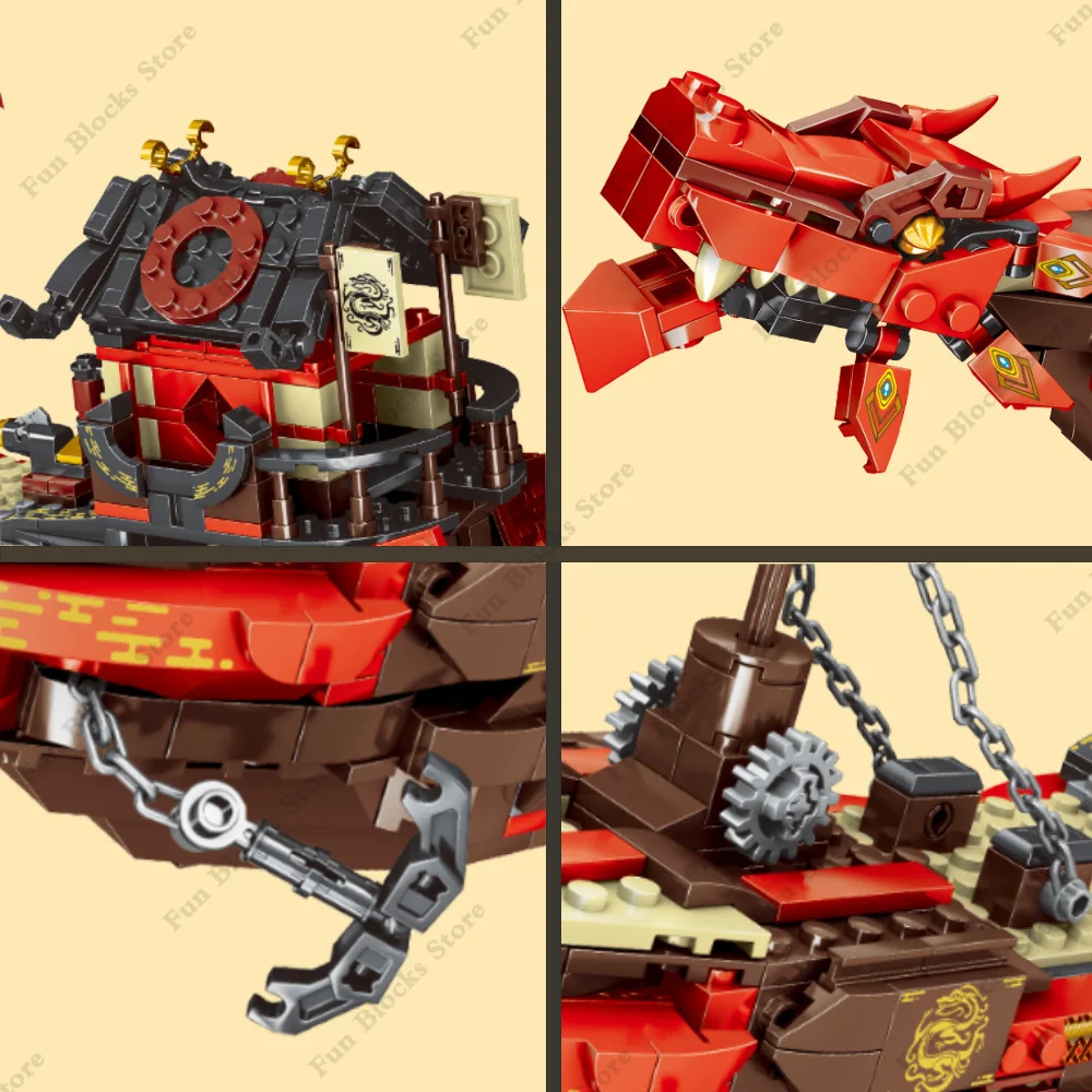 New Phantom Ninja Dragon Ship Model Building Blocks Sodiers Figures Boat Bricks MOC Creative Expert Kids Toys for Boys Children