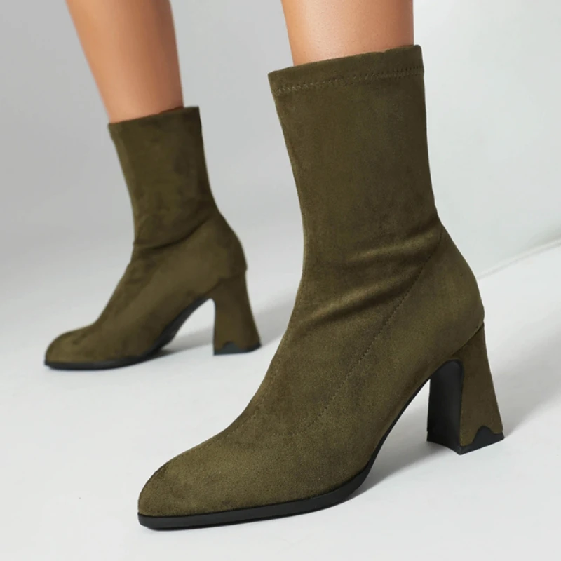 

Элегантные женские ботильоны, черные, бежевые, зеленые короткие ботинки на каблуке, тонкие вечерние туфли до бедра, женские туфли большого размера, новинка 2024, зима