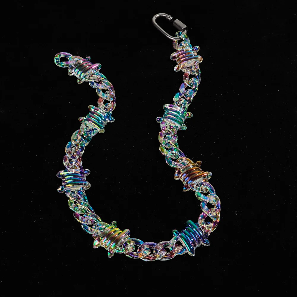 New Punk Iridescent Clear Acrylic Chain Lock Pendant Necklaces for Men Women HipHop Spike Chain Collar Fashion Jewelry Gifts