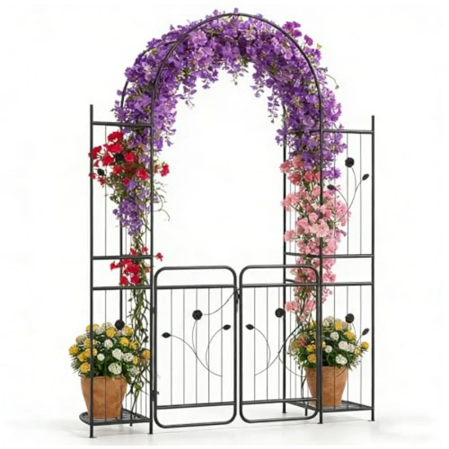 Outdoor wedding backdrop and plant trellis: heavy duty metal garden arch with gate planter shelves, black finish, decorative fl