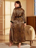 Women's Plus Size Silk Robe Leopard Print Long Sleeve V-Neck Belted Elegant Loungewear All-Season Nightgown - Image 2