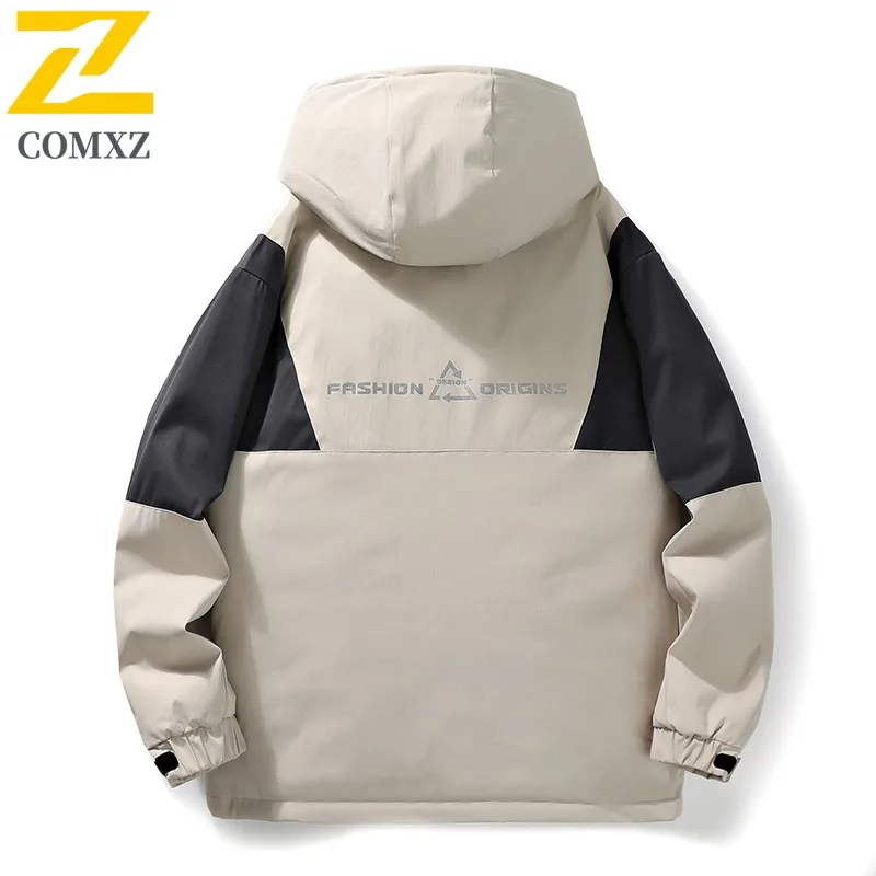 COMXZ 2025 Mens Puffer Jacket Fleece Thermal waterproof and windproof solid color leisure outdoor sports lightweight windbreaker