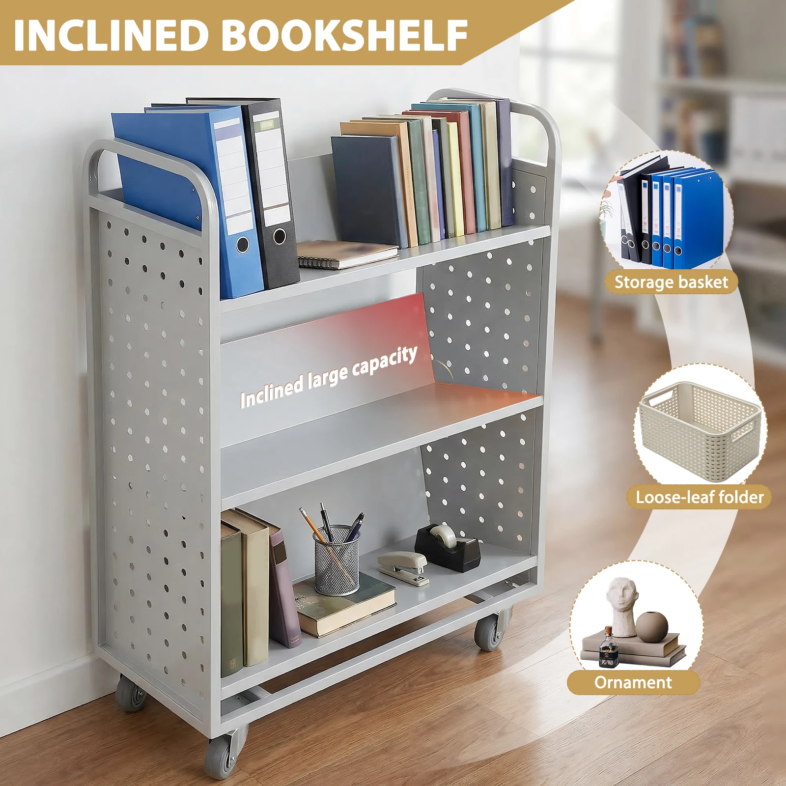 

Rolling Bookshelf Slanted Single Sided Metal Utility Cart with Swivel Lockable Casters for Library Office Archive Room