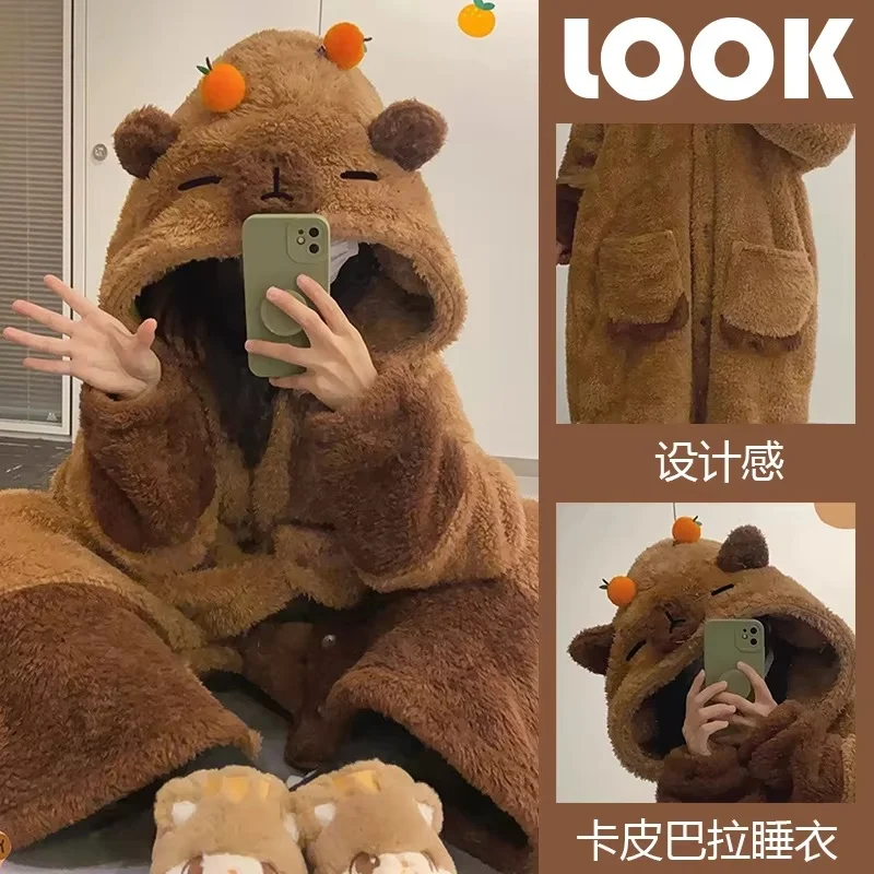 Cartoon Animal Capybara Pajama Set Cosplay Winter Soft Plush Jumpsuit Adults Anime Velvet Pajama Night Robe Clothes Suit Gift