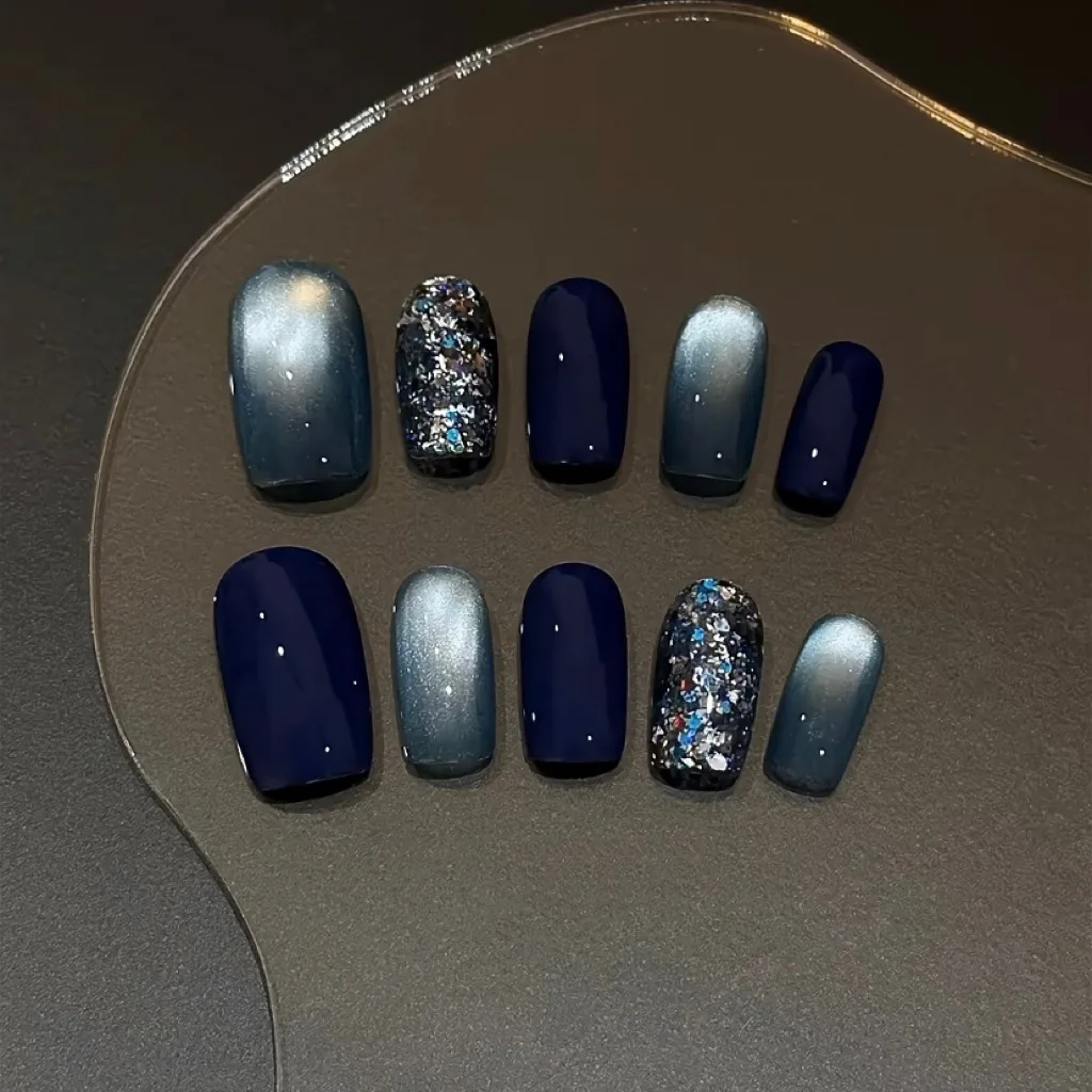 10pcs Melbourne Blue Cat Eye Handmade Nails Exploding Glitter Press on Nail Middle Ladder False Nail for Women&Girl Daily Wear