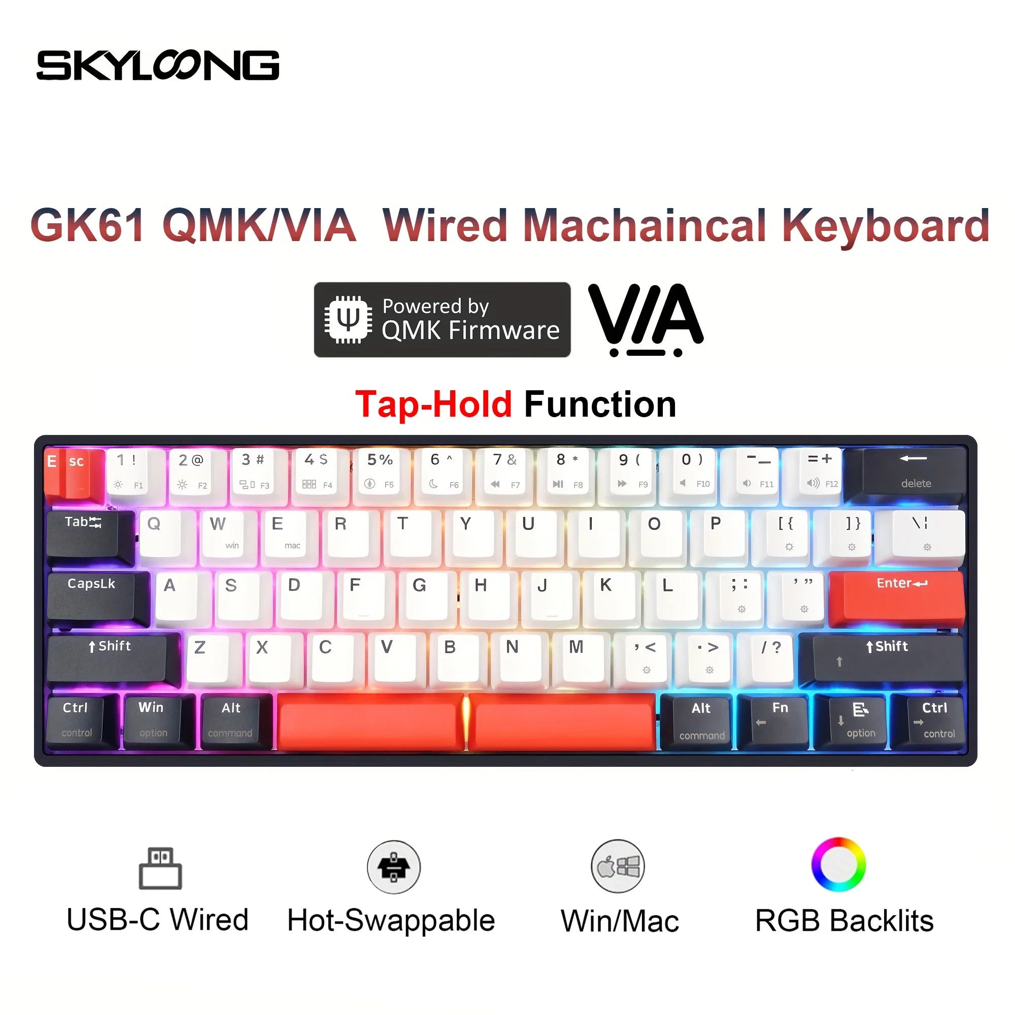 

GK61 QMK/VIA Keyboard RGB USB Wired 60% Profile Mechanical Keyboard Hot-Swappable PBT Keycaps /Win Compatible