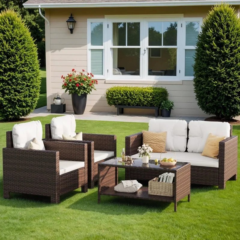 4 Pieces Patio Furniture Sets Rattan Chair Wicker Conversation Sofa Set, Outdoor Indoor Backyard Porch Garden Poolside Ba