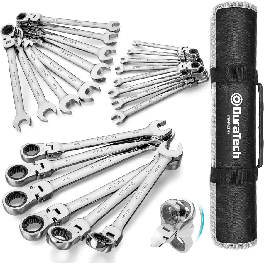 

Flex Head Ratcheting Wrench Set 22-Piece Metric SAE Combination Wrench Set 1/4 to 3/4 6-18mm CR-V Steel Mirror Polishe