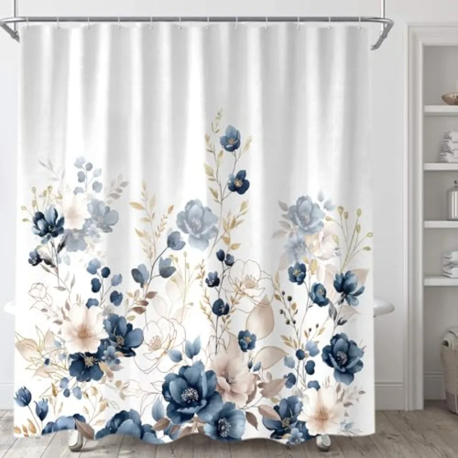 

Sanzugh Navy Blue and Gold Flower Shower Curtain Boho Watercolor Floral Leaves Cute Fabric Shower Curtains Set for Bathroom Dec