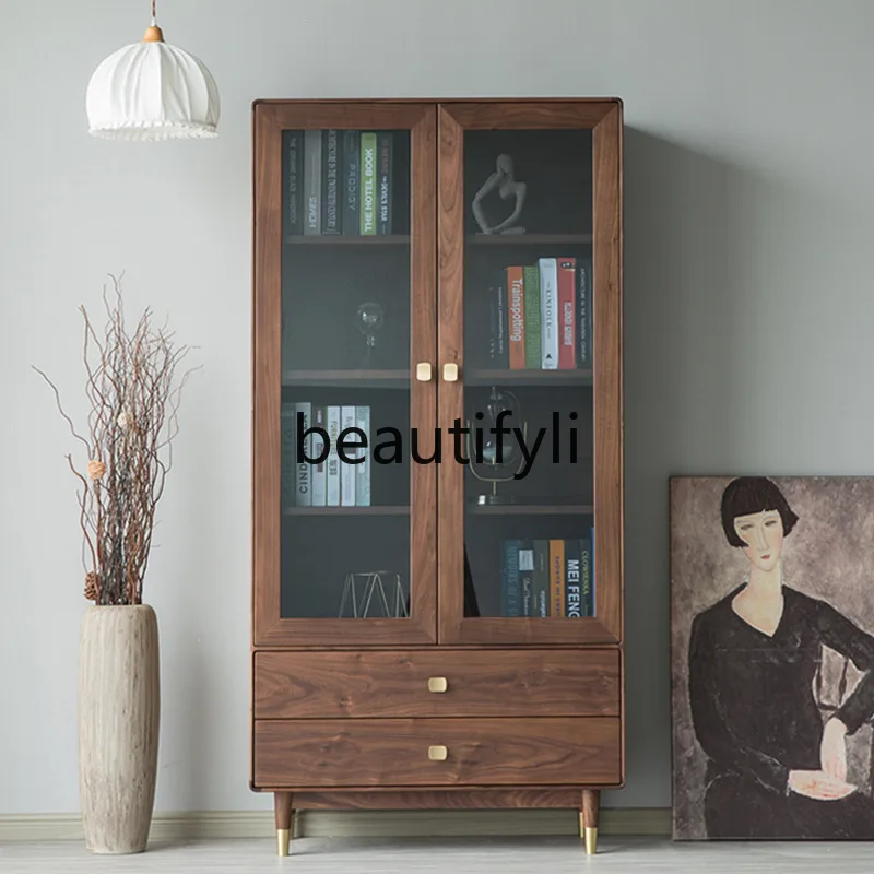 

Walnut Solid Wood Bookcase Living Room Storage Cabinet Floor Glass Double Door Simple Bookshelf