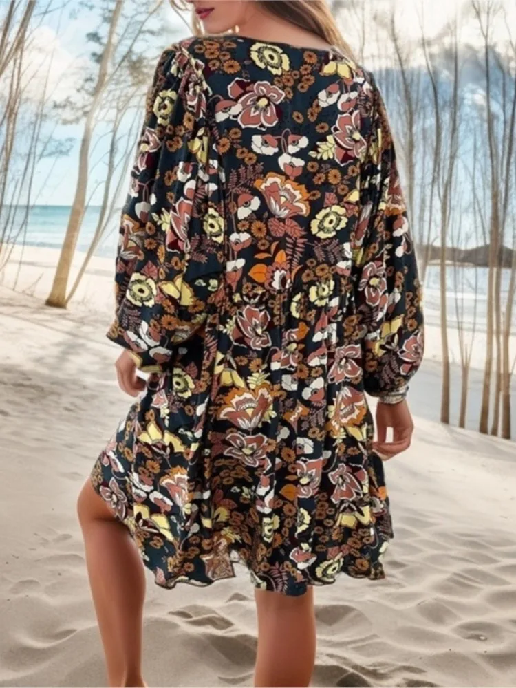 Elegant Floral Print Long Sleeve Pleated Dress Women V Neck Lace-up A-line Mini Dress Spring Casual High Waist Holiday Dress