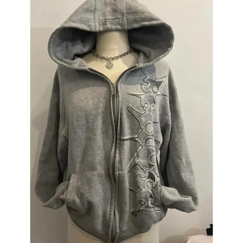 Personalized Simple Zip Up Sweatshirts Autumn Lazy Wind Cardigan Jacket Y2k Vintage Street Spicy Girl Gray Casual Hoodies women