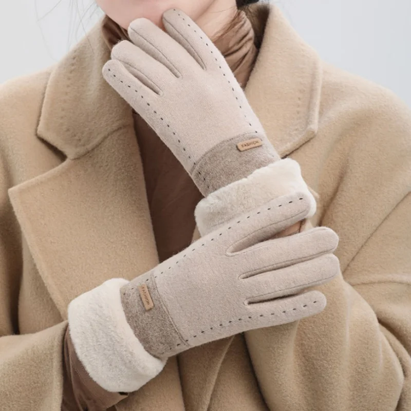 Gants en laine coupe-vent à écran tactile pour femmes, gants de conduite chauds, double optique, peluche, doigt complet, mode féminine, automne,