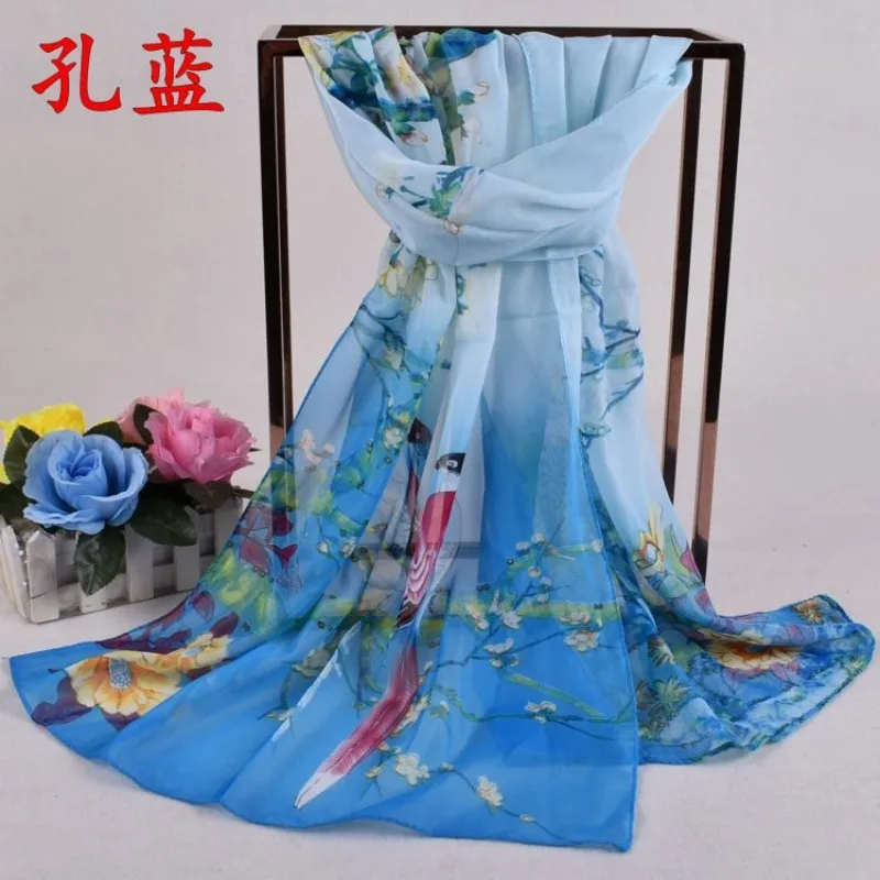 New Lucky Bird Peony Flower Elegant Chiffon Long Scarf for Women