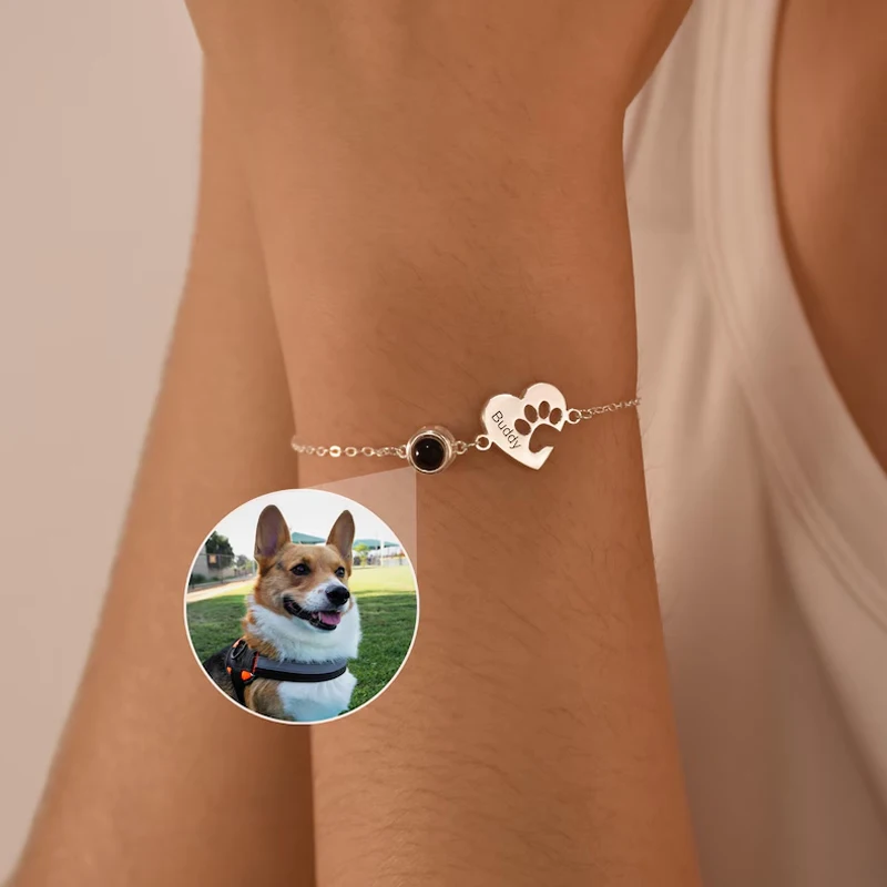 Personalized Pet Photo Bracelet Dog/Cat Paw Name Bracelets Custom Pet Lover Gift Photo Projection Bracelet Jewelry for Women Mom