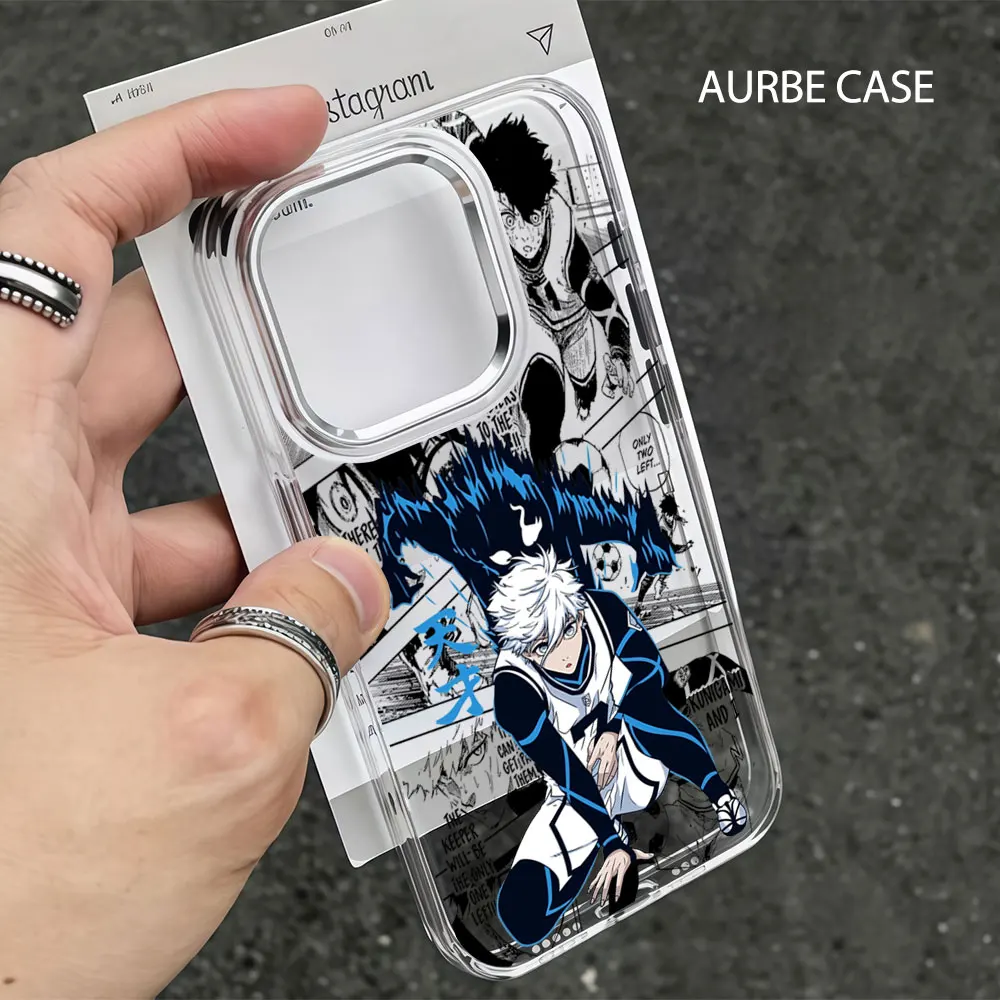 Funda Aurbe para iPhone 17 16 15 14 13 12 Pro Max 16E, Marco Plateado para la Lente, Carcasa Transparente, BLUE LOCKS S-Seishiro Nagi