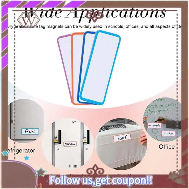 ABBG-54 Pcs 자기 건조 지우기 라벨 재사용 가능한 스트립 교실 이름 태그 쓰기 가능한 빈 자석 카드 지울 수있는 냉장고 메모