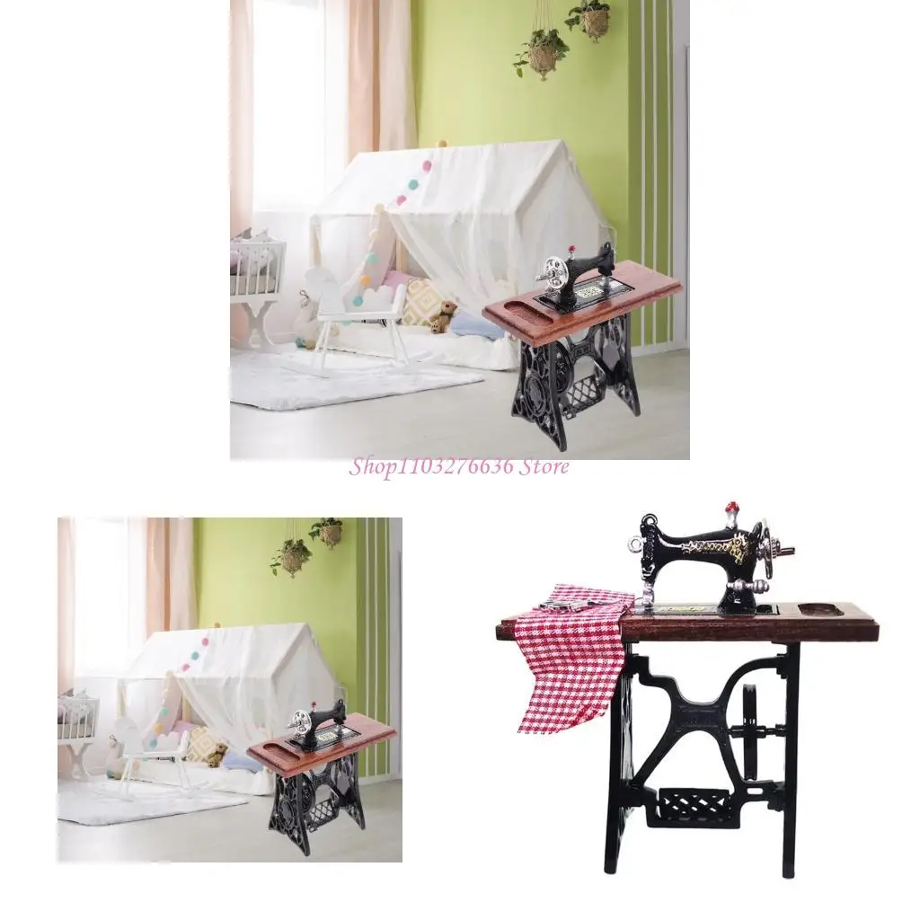 

R6FD Simulation Miniature Sewing Machine with Scissors for Dollhouses Scene Decoration