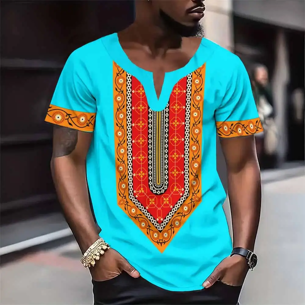 Fashion Men\'S T Shirt V-Neck Oversize Traditional Dashiki Men\'S Clothing Summer African Festival Enssential Men Tops T-Shirt