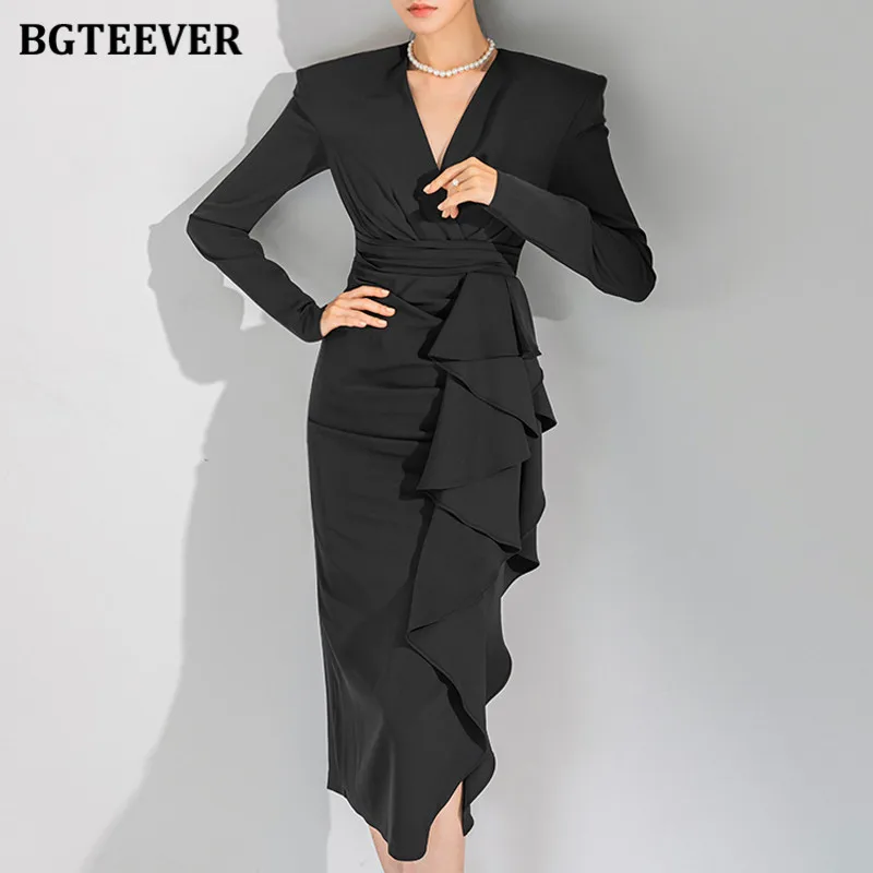 

BGTEEVER шикарное облегающее платье с v-образным вырезом и оборками для женщин, элегантное женское платье с длинными рукавами и тонкой талией, весеннее OL Vestidos