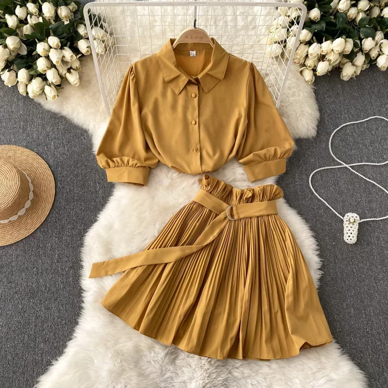 Two Peice Set For Women Summer Turn Down Collar Crop Top Shirt Pleated Mini Skirt Set Tracksuit Lounge Club Outfits Streetwear