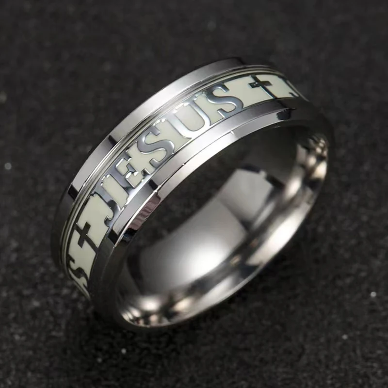 Anillo luminoso de acero inoxidable para mujer y hombre, sortija de compromiso con la cruz de Jesús y Cristo, brillante en la oscuridad, accesorios