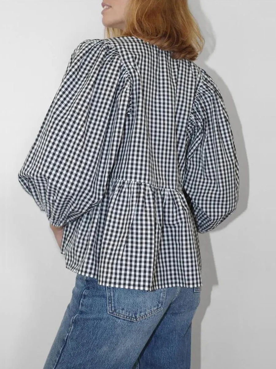 Damen Tube Top Basic Krawatte Front Tops lässig Plaid Print 3/4 Ärmel Shirt für Club Streetwear ästhetische Kleidung y2k