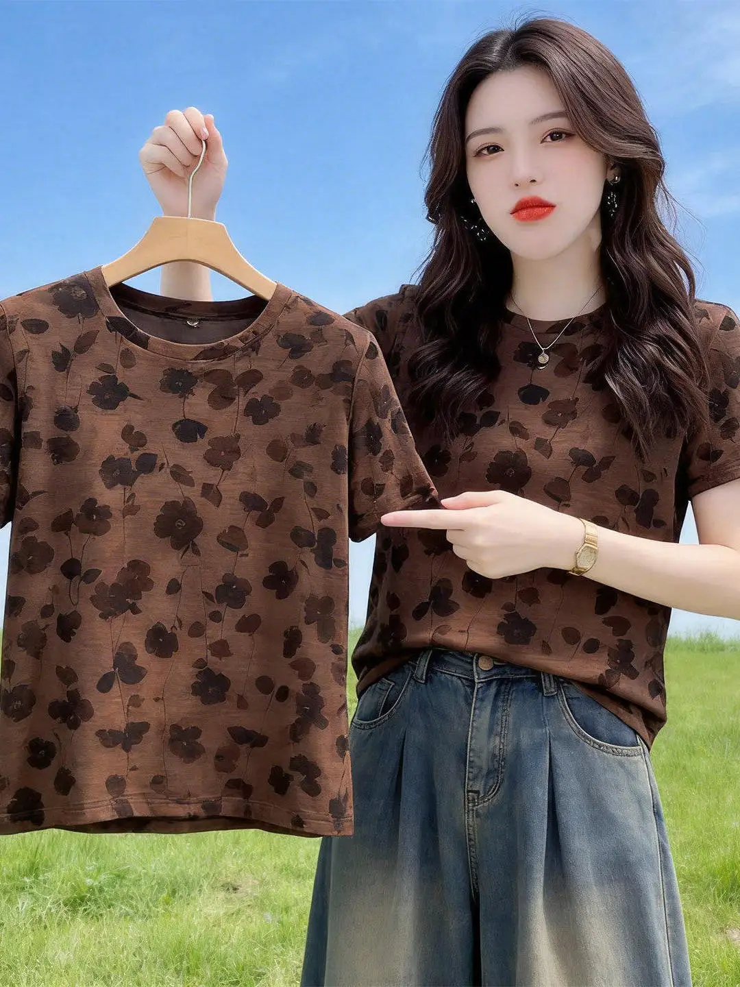 

Loose Women's T-shirt Summer Fashion Print Anti-aging Versatile Short Sleeve Top Polyester Fiber Casual Style Straight Tube