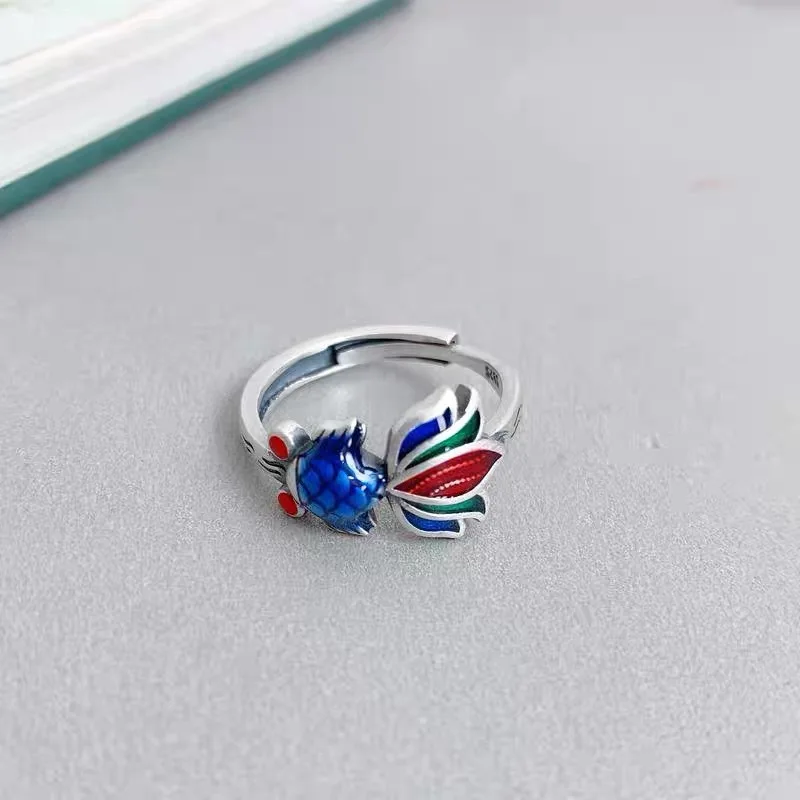 

Cloisonne Enamel Goldfish Carp Ring Female Vintage Personality China-Chic Gel Dropping Process Advanced Open Ring