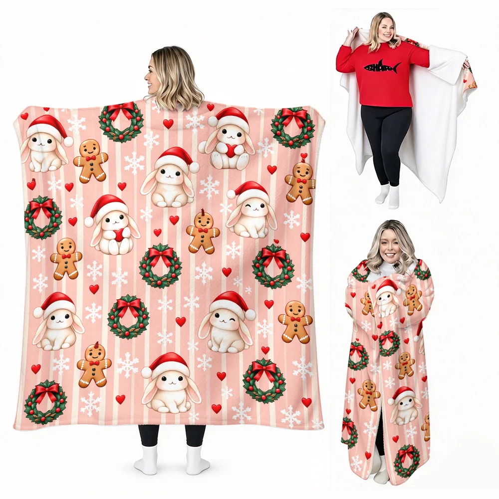 1PC Christmas Bunny and Gingerbread Man Print Wearable Blanket-Soft and comfortable for both men and women. It is very suitable