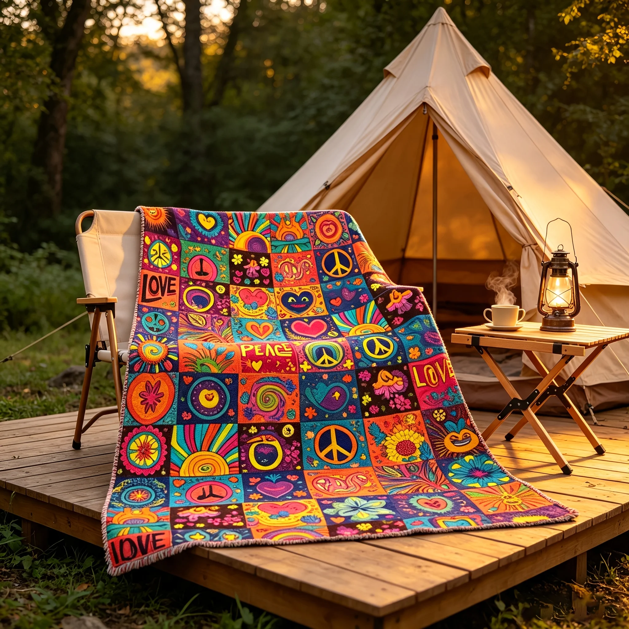 1pc Vintage 60s‑70s Psychedelic Hippie Throw Blanket, Peace Signs, Love & Floral Patterns, Bohemian All‑Season Blanket for Sofa