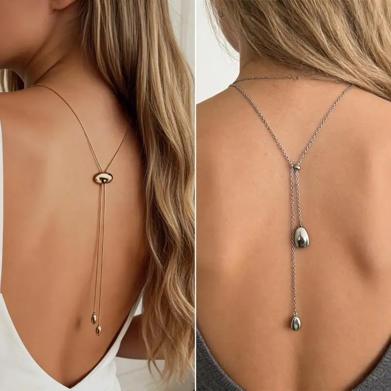 Minimalist Oval Drop Back Chain Necklace Long Lariat Backless Dress Jewelry For Women Wedding Party Accessories