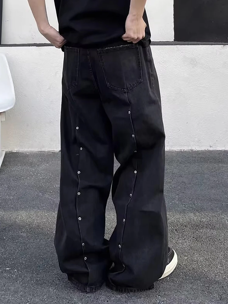 레다치 유니섹스 리벳 스티치 블랙 배기 진 남성 빈티지 워싱 솔리드 오버사이즈 로우라이즈 와이드 스트레이트 팬츠 하이 스트릿 의류