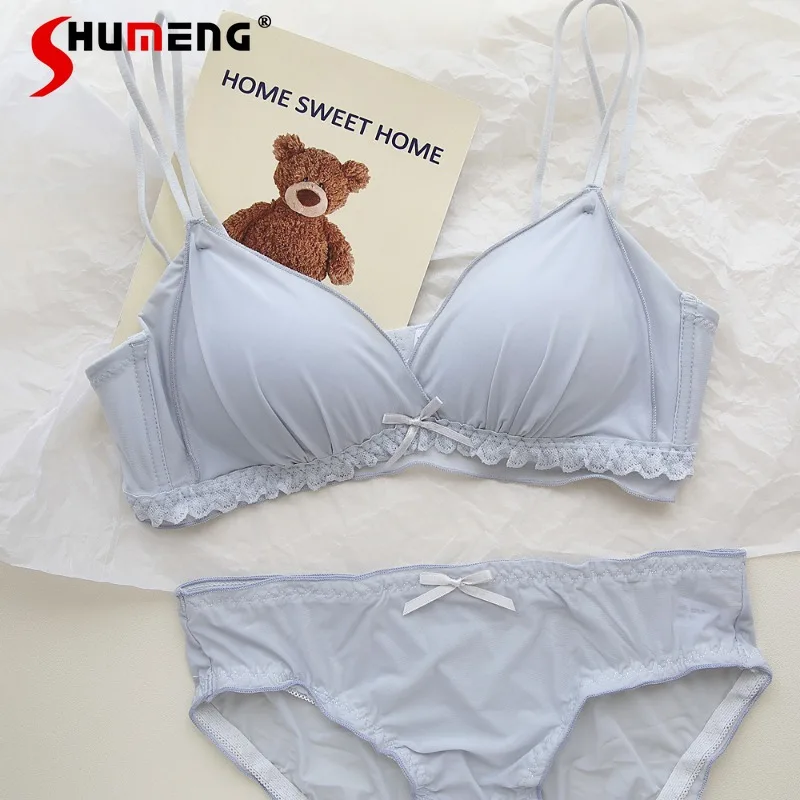 طقم حمالة صدر رافعة للصدر على الطراز الفرنسي للفتيات بأشرطة كتف مزدوجة ملابس داخلية قصيرة لاسلكية قابلة للتنفس للنساء #2