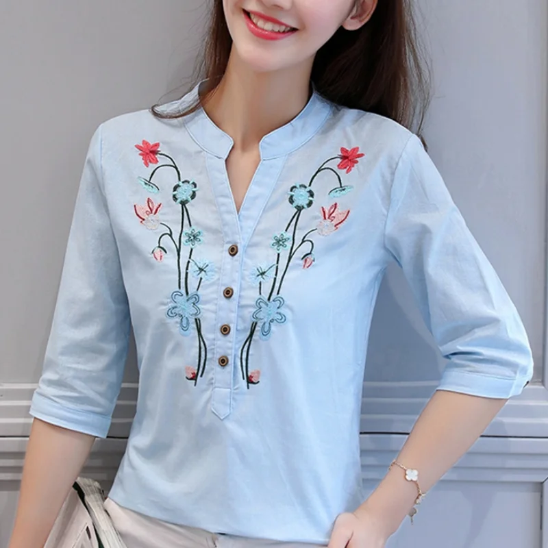 Autumn Cotton Linen V-Neck Blouse Shirt Women Summer Half Sleeve Fashion White OL Blouse V-neck Casual Women Tops Blusas D377