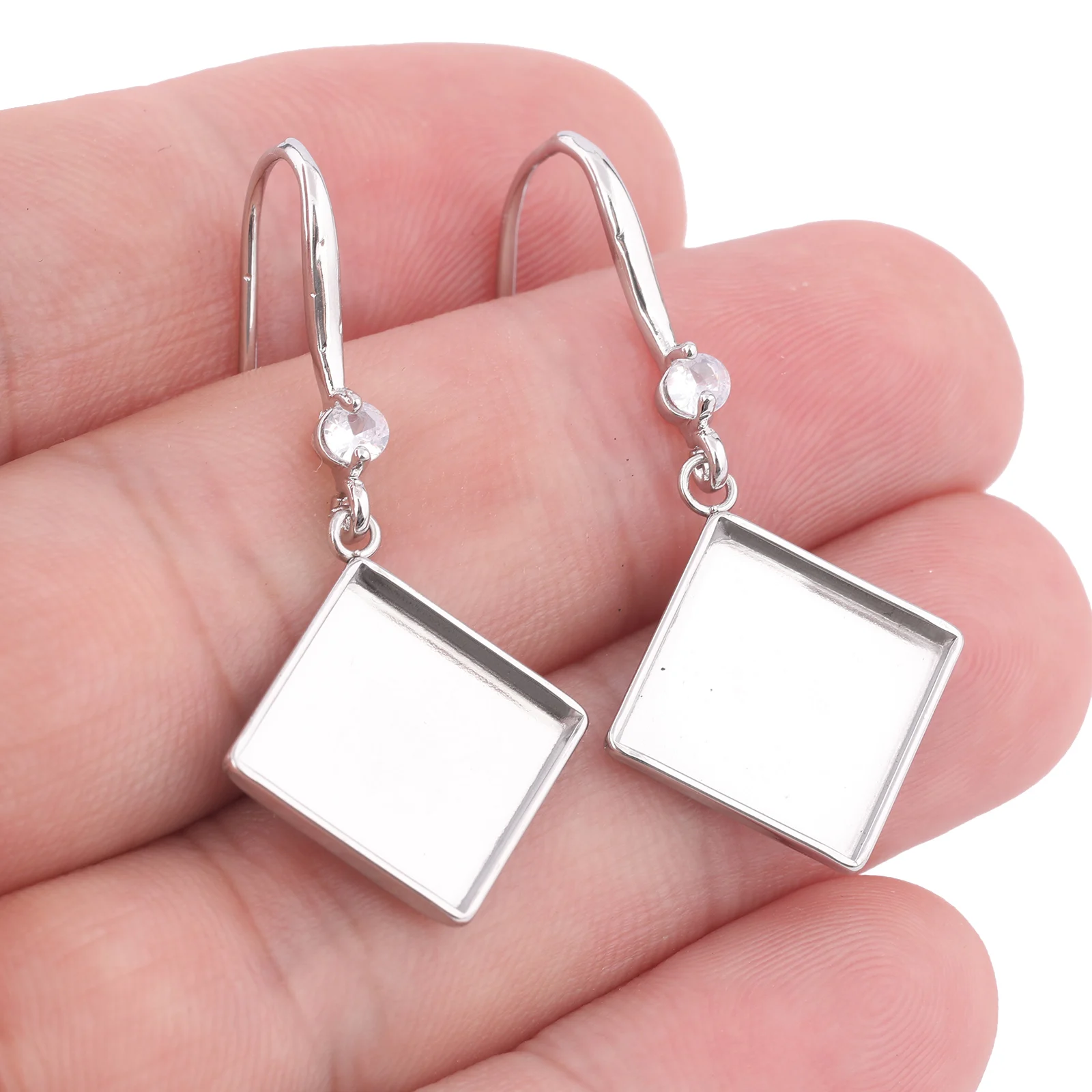 

10pcs Zircon Stone Earring Hooks Findigns Fit 10mm 12mm Square Cabochon Earrings Base Setting Blanks Diy Stainless Steel