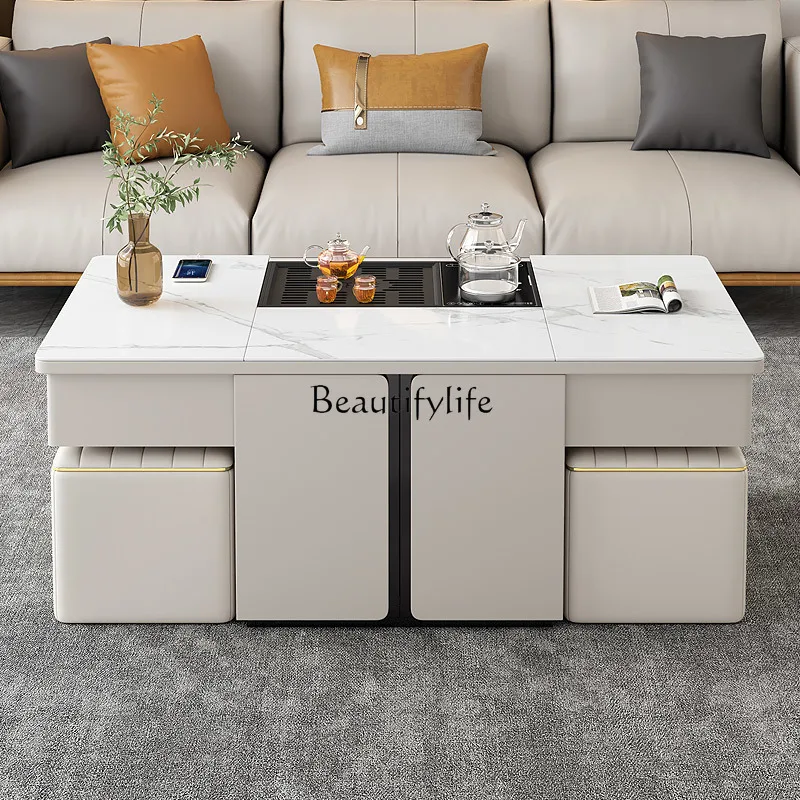 

Rock slab coffee table multi-functional Nordic light luxury dining table intelligent lifting simple kung fu tea table