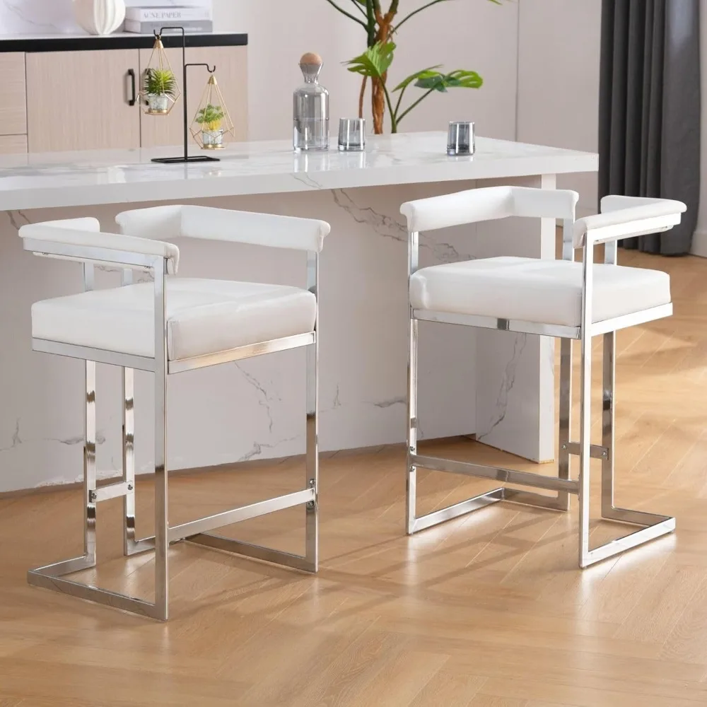 

Modern Bar Stools Set of 2, 26" Counter Height Stool with Chrome Finish Metal, Faux Leather Upholstered Kitchen Chair with Back