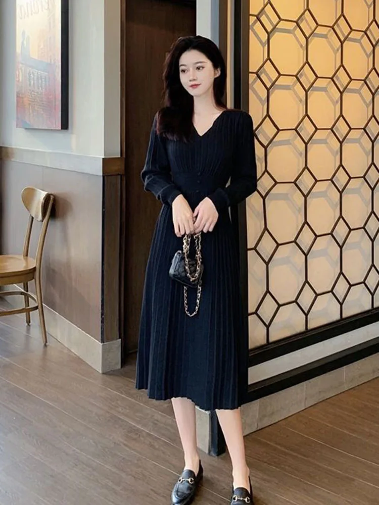 Jmprs Elegant Knitted Long Dress Women Fashion Slim Sweet Long Sleeve Dress Korean V Neck Simple Solid Casual Lady A Line Dress