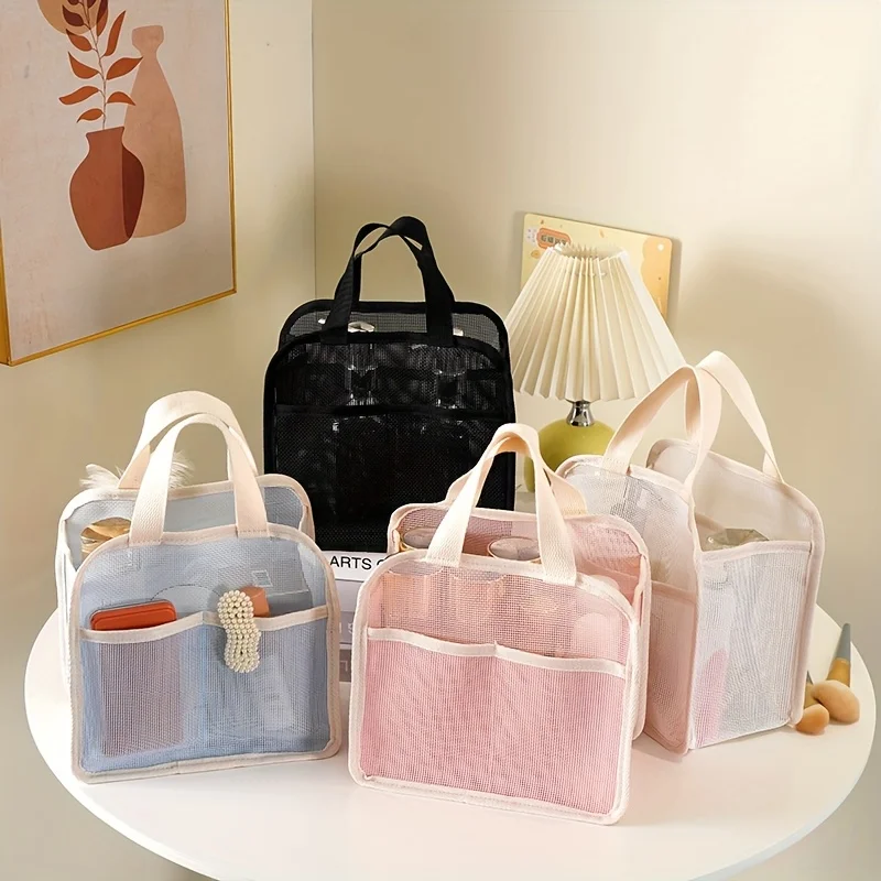 Bolsa de Malha Transparente (1 Peça), Bolsa de Maquiagem com Design, Bolsa Portátil para Batom de Viagem, Bolsa de Armazenamento de Cosméticos, Necessaire, Bolsa Transparente para Banho e Higiene Pessoal